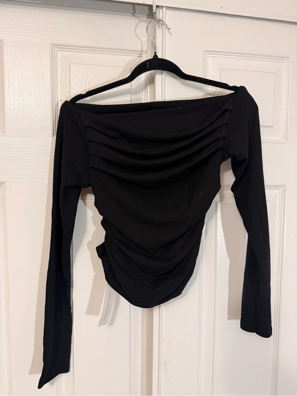 Black Off Shoulder Ruched Long Sleeve Top